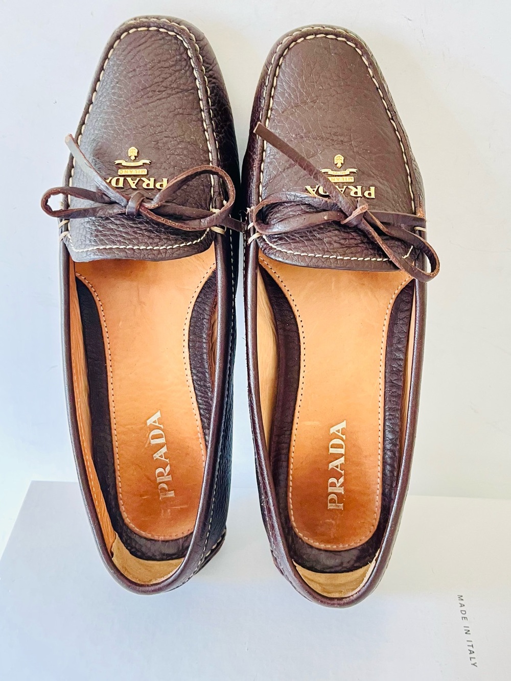 Prada brown pebbled leather driving shoes loafers 38